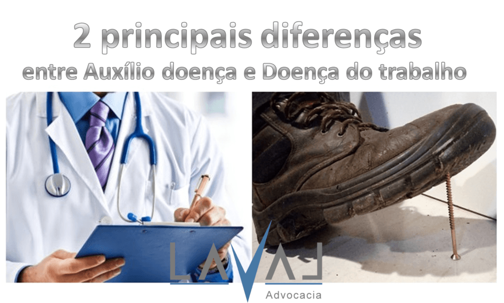 2 principais diferenças entre auxilio doença e doença do trabalho, a imagem tem o tórax de uma medico com estetoscópio e prancheta e do outro lado um sapato meio surrado de trabalhador prestes a pisar um parafuso grande se machucar